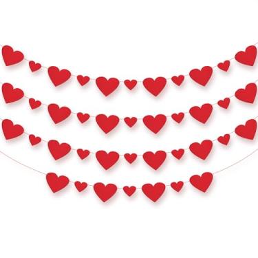 Imagem de Guirlanda de decorações de coração vermelho – Pacote com 40, pré-acrobacias | Guirlanda de Dia dos Namorados com coração de feltro para decorações de Dia dos Namorados, Aniversário | 4 cordas