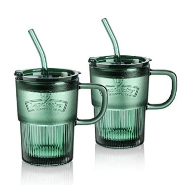 Imagem de Joeyan Copos de café de vidro com tampa e canudo, caneca de copos de chá de café gelado smoothie, frasco de bebida de cor verde para suco de água bebidas leite de refrigerante, 445 ml, conjunto de 2, pode ser lavado na lava-louças
