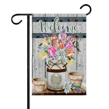 Imagem de Welcome Milk Can Bandeira de jardim dupla face 30 x 45 cm, decoração de jardim ao ar livre, bandeira de boas-vindas para gramado, fazenda e pátio