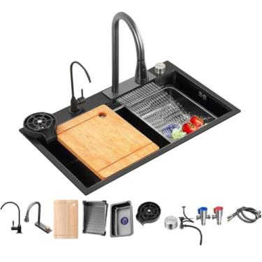 Imagem de XGURWSSR Pia de cascata de aço inoxidável, conjunto de pia de cozinha preta com acessórios, pia retangular para estação de trabalho com 5 furos, pia de barra embutida (80 x 45 cm)