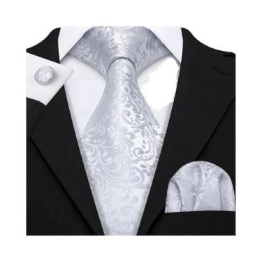 Imagem de Conjunto de Gravata e Abutões Masculinos - Seda Jacquard Preto, Branco