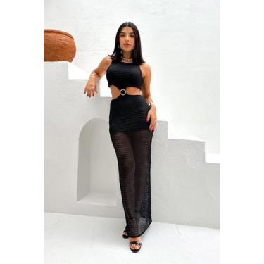 Imagem de Vestido Malha Crochê Joaquina com Argola Moda Lunii Sexy, Preto, P