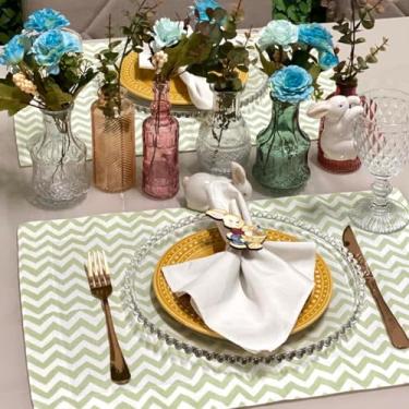 Imagem de Kit 6 Jogos Americanos com 6 Guardanapos e 6 Pg Páscoa Colorido Póa (CHEVRON VERDE - GUARDANAPO OFF WHITE - PG COELHO TRADICIONAL)
