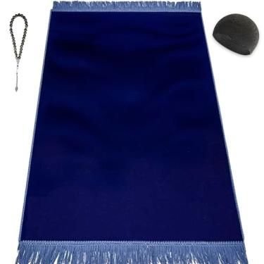 Imagem de Kapobia Conjunto de tapete de oração de veludo (pedra preciosa 33 contas de oração - chapéu Kufi preto - capa elegante) - Tapete de oração simples de textura de veludo luxuoso para casa e viagens -