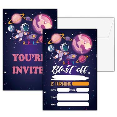 Imagem de Convites de aniversário espacial, 25 cartões de convite de festa explosão espacial dupla face com 25 envelopes, convites de festa infantil suprimentos de decoração de celebração - A11