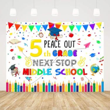 Imagem de AIBIIN 2,1 x 1,5 m, pano de fundo para pós-graduação da 5ª série, Peace Out, 5ª série, Next Stop Middle School, branco, parabéns, 5ª série, graduação, turma de 2025, adereços de estúdio fotográfico