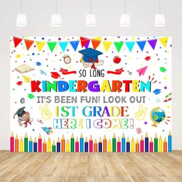 Imagem de AIBIIN 2,1 x 1,5 m Pano de fundo de pós-graduação de jardim de infância So Long Kindergarten It's Been Fun Look Out 1ª série Here I Come fundo de fotografia branco parabéns 2025 decoração de festa de