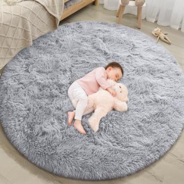 Imagem de EVOIONOS Tapete redondo cinza para quarto, tapete circular fofo 1,5 m x 1,5 m para decoração de quarto de crianças, tapete circular felpudo de pelúcia para quarto de bebê, tapete antiderrapante macio