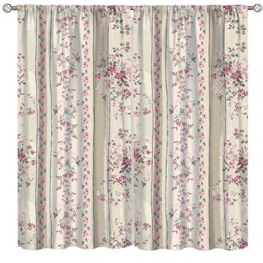 Imagem de Cortinas vintage floral boho painéis de tratamento de janela rosa blush rosa, amarelo, verde e branco gasto chique rosa flor casa de fazenda para quarto decoração de sala de estar 107 x 114 cm