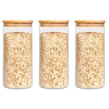 Imagem de Kit 3 Potes De Vidro 1L Com Tampa De Bambu Herméticos  - Bogu Store