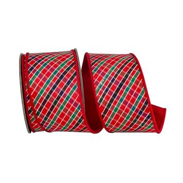 Imagem de Reliant Ribbon Fita xadrez pequena diagonal Deluxe Dupioni com borda com fio, vermelho/verde