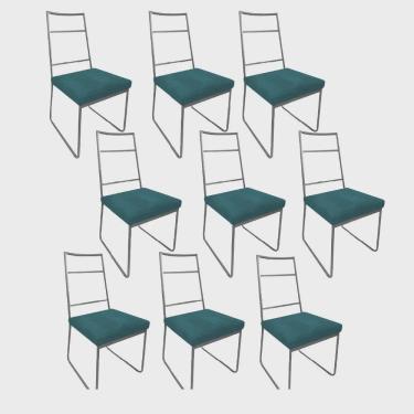 Imagem de Kit 09 Cadeiras Sala de Jantar Escritório Office Stark Industrial Ferro Prata Suede Azul Turquesa - Ahz Móveis