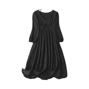 Imagem de Vestido Midi plus Size Com Decote Em V, Casual, Texturizado, Mangas La