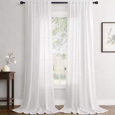 Imagem de Cortinas de linho branco 228,6 cm de comprimento para quarto, bolso, privacidade, filtro de luz, semitransparente, boho, casa de fazenda, cortina branca de 228 cm de comprimento, texturizada, moderna