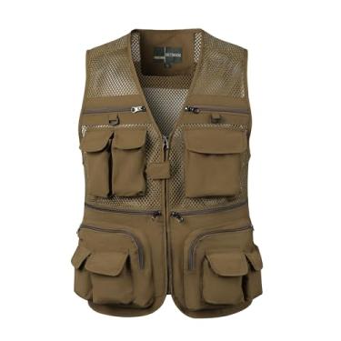 Imagem de Colete De Pesca Com Bolsos Masculino, Colete Masculino Plus Size Verão Ao Ar Livre Malha Respirável Zíper Multi Colete, Jaqueta Tática De Trabalho Destacável Para Viagem Safari(Khaki,Large)