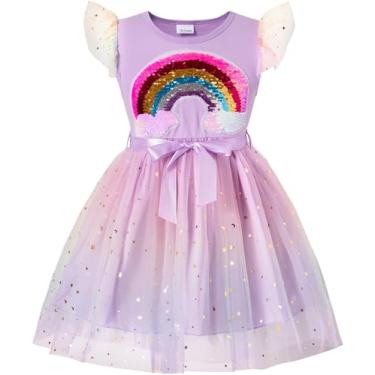 Imagem de Vestido tutu infantil para meninas, manga esvoaçante, princesa, festa, verão, tule, vestidos, Arco-íris roxo, 4-5 Anos