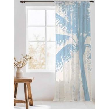 Imagem de Cortina transparente de chiffon com palmeiras costeiras azuis, silhueta retrô fazenda bege grão de madeira bolso para varão, painel de janela, filtro de luz, privacidade, voile, tratamento de janela