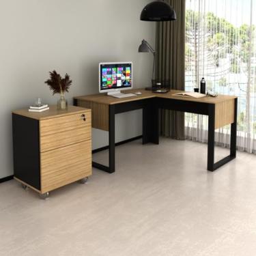 Imagem de Kit Mesa de Canto com Gaveteiro para Escritório Amêndoa Preto Tecnomobili