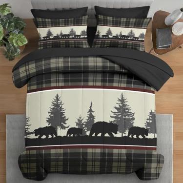 Imagem de Pamnest Jogo de cama King com edredom vintage, urso animal, selva, 7 peças, xadrez, retrô, cinza, verde, com elástico, 2 fronhas e 2 fronhas para decoração de quarto