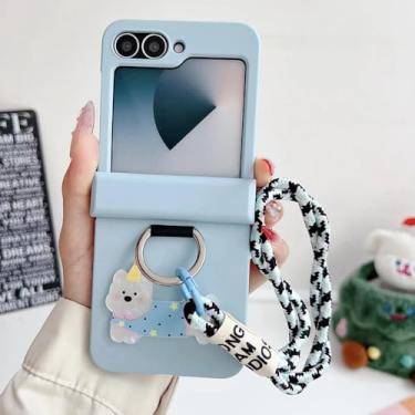 Imagem de Capa de celular com alça de pulso e anel de desenho animado para Samsung Galaxy Z Flip 6 5 4 3 Flip6 Flip5 Flip4 Flip3, proteção com dobradiça e capa à prova de choque, azul-celeste, para Samsung Gal