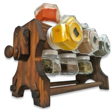 Imagem de Kit Porta Temperos de Madeira Manivela Gira 12 Potes - Artesanatos FD2