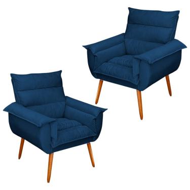 Imagem de Kit 02 Poltronas Decorativas Modernas Sala e Recepção Monza Pés Palito Veludo Azul - Abmaza