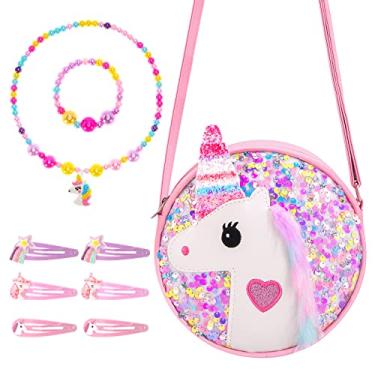 Imagem de HIFOT Bolsa transversal de unicórnio com conjunto de joias, bolsa de mão com glitter, colar, pulseira, conjunto de acessórios de acessórios de princesa, joias de princesa, lembrancinhas de festa,