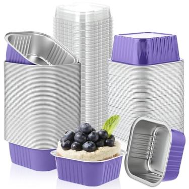 Imagem de Skylety 100 peças, mini assadeira quadrada de 142 g com tampa, forma de cupcake de alumínio, copo de brownie, ramequins descartáveis, recipientes individuais de estanho para cozinha, material de grau