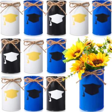 Imagem de Domensi 12 peças de centro de mesa de formatura vasos de metal galvanizado graduado para flores artificiais, tampa de formatura, vaso de estanho, decoração de utensílios para cozinha, casa, parabéns