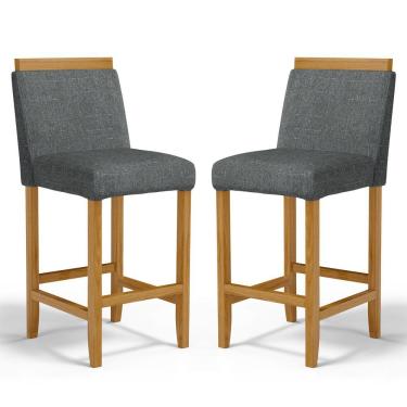 Imagem de Kit Com 2 Banquetas Eloá Madeira Maciça Assento Estofado Para Bancada Linho Chumbo 406