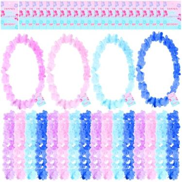 Imagem de Hoteam 24 unidades havaianas Leis a granel flores tropicais Lei colares com cartões de presente temáticos de animação azul claro rosa desenho animado alienígena presentes para Luau Beach Havaí