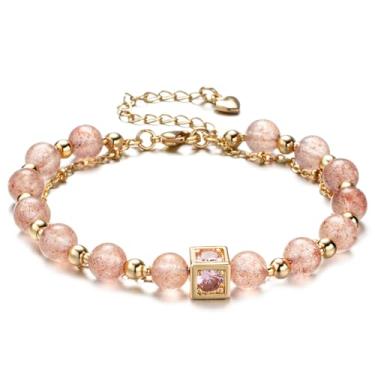 Imagem de NeoHundreds Pulseira de morango natural, contas de cristal, corrente banhada a ouro 14K, rosa, joia exclusiva feita à mão para mulheres, pronta para presente para sua namorada, mãe, senhoras