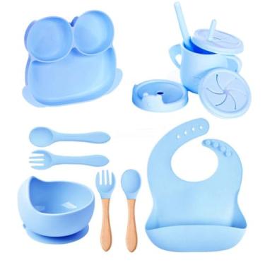 Imagem de Kit 10 Peças Introdução Alimentar Infantil Copo Prato Babador Talheres Tigela Desmame Treinamento Transição Silicone Livre de BPA Antiderrapante (Azul)
