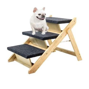 Imagem de Escadinha Rampa Pet 40 cm com 3 Degraus Dobrável Antiderrapante | Madeira Pinus Reflorestada | Ideal para Sofás e Camas | VICA DECOR