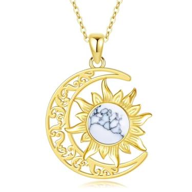 Imagem de Feeot Colar crescente para mulheres, banhado a ouro 18 K, lua e sol, pingente com pedra preciosa natural, presente de aniversário para mulheres, irmãs e filhas, Banhado a ouro, Turquesa