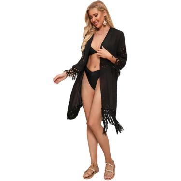 Imagem de Fringe Beach Dress Summer Swimsuit Cover up Kimono Crochet Robe com Tassel Cardigan Dress, Black, L