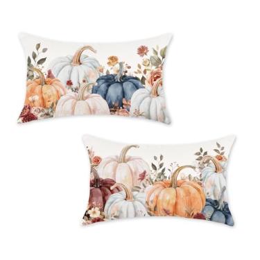 Imagem de ONWAY Capas de almofada de outono 30,5 x 50,8 cm Conjunto de 2 capas de almofada lombar floral e abóbora para sofá cama outono Ação de Graças almofadas decorativas para decoração de casa ao ar livre