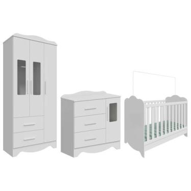 Imagem de Berço Mini Cama Branco +  Cômoda de Bebê  - + Guarda-roupa 3 Portas Mo
