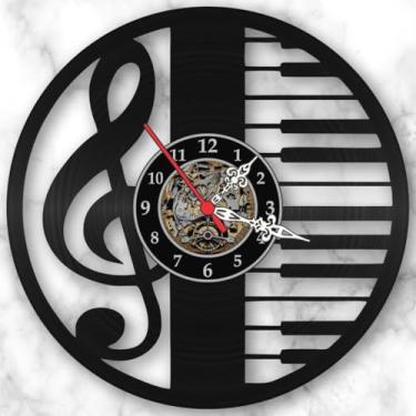 Imagem de Relógio de Parede Musical em Vinil LP – Clave de Sol, Notas Musicais e Piano, Ideal para Músicos e Decoração