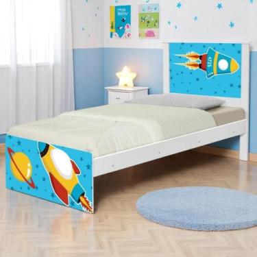 Imagem de Cama Solteiro com Cabeceira Adesivada Foguete Espacial - Kids Mobili