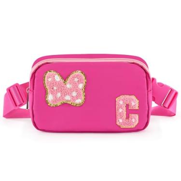 Imagem de Pochete com laço com letra inicial de chenille, bolsa tiracolo impermeável para parque, presentes de aniversário de Natal para adolescentes, meninas, mulheres, crianças, adultos, bolsa de cinto fofa