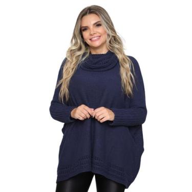 Imagem de Poncho Feminino Tricot Mousse Liso Gola Alta Casaco Lã Inverno - Rosil