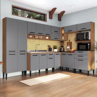 Imagem de Armário de Cozinha Amanda 18 Portas 3 Gaveta Freijó/Cinza - Pnr Móveis