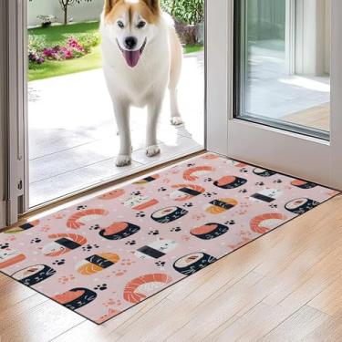 Imagem de VODRM Tapete de porta interior gato sushi, comida fofa, kawaii, tapete rosa, 43 x 75 cm, tapete de borracha antiderrapante antiderrapante para varanda, quarto, cozinha, capachos, presentes, trailers