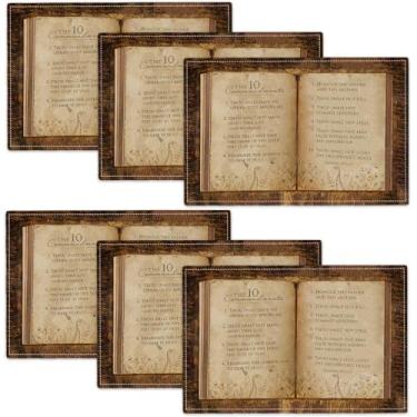 Imagem de Jogo americano com 10 mandamentos, conjunto de 6 dez mandamentos, tapetes de mesa para decoração cristã religiosa, imitação de linho, toalha de mesa térmica para jantar, cozinha, festa, restaurantes