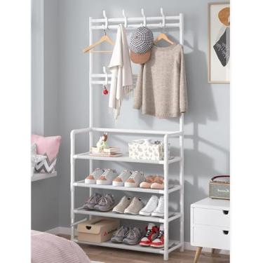 Imagem de Sapateira Vertical e Cabideiro de Chão Multiuso – Organizador de Roupas com Arara Estilo Madeira, Roupeiro com Ganchos para Chapéus e Bolsas, Suporta 12 Pares de Sapatos (Branco)