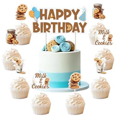 Imagem de Funmemoir Decorações de 1º aniversário com leite e biscoito, 25 peças, tema de leite e biscoito, enfeite de cupcake de feliz aniversário, decoração de bolo, impressão dupla face para meninos, artigos