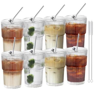 Imagem de HIGIINC Xícaras de café gelado com tampas e canudos, 8 peças, conjunto de copos inquebráveis de 473 ml, copos de plástico transparente, copo de café gelado reutilizável com tampa e canudo, para levar