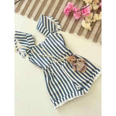 Imagem de Macacão infantil blogueirinha luxo jeans listras moda menina
