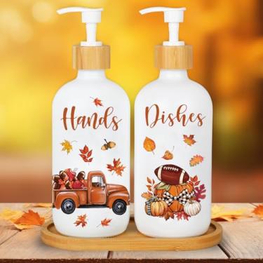 Imagem de FYSUIMU Dispensador de sabão de outono, 2 peças, caminhão de futebol, folhas de abóbora, dispensador de vidro com bomba de 473 ml, recipiente de sabão líquido recarregável para outono, dia de Ação de